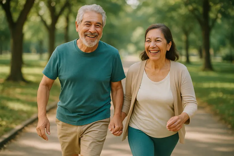 Pareja mayor camina con energía por un parque soleado
