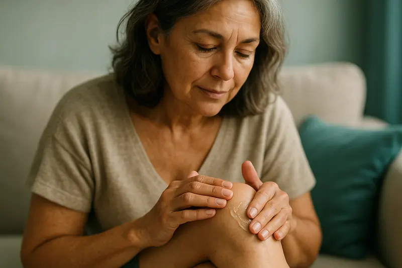 Mujer aplica Flexosamine gel en la rodilla con un masaje circular