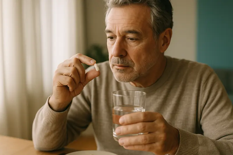 Hombre toma una cápsula de Flexosamine con un vaso de agua en el desayuno